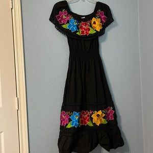 Mexican Traditional Dress Color:Black with Floral Embroidered Dress,Size S/M